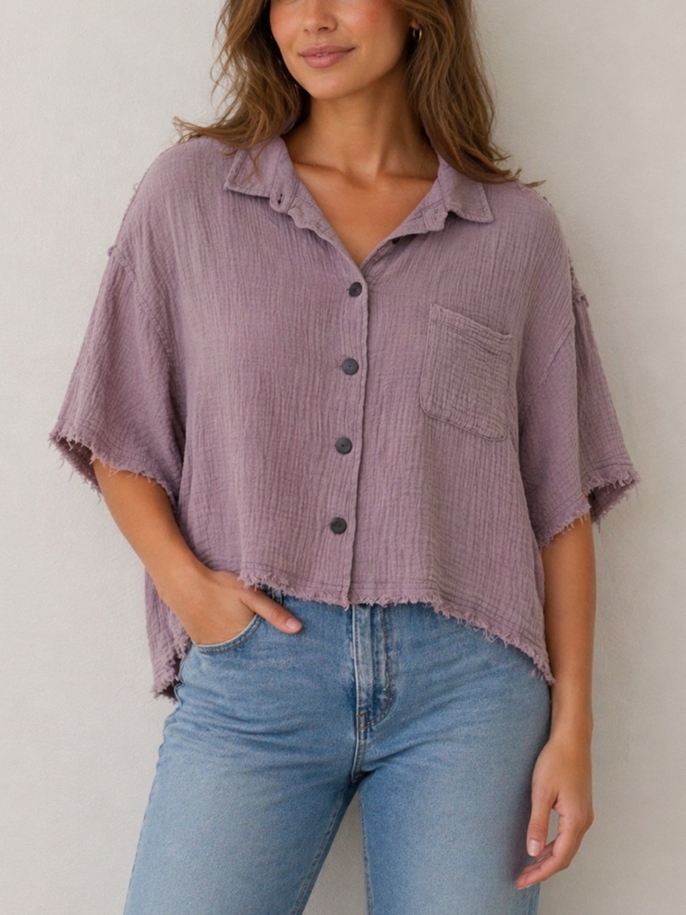 POL Gauze Purple Boho Top Size Small Cropped Oversized Cotton Beach